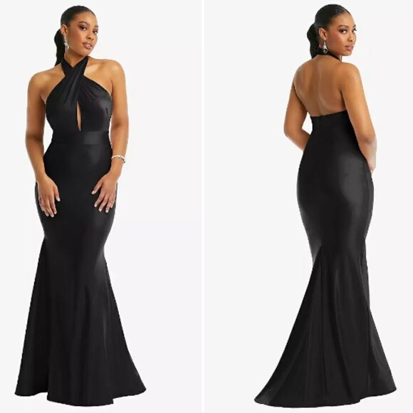 Cynthia & Sahar Satin Criss Cross Halter Open-Back Mermaid Dress Black XXL - Picture 1 of 14